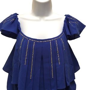 Janet Paris Size Medium Blue Sheer Lined Ruffled Pleated Rhinestone Trim blouse